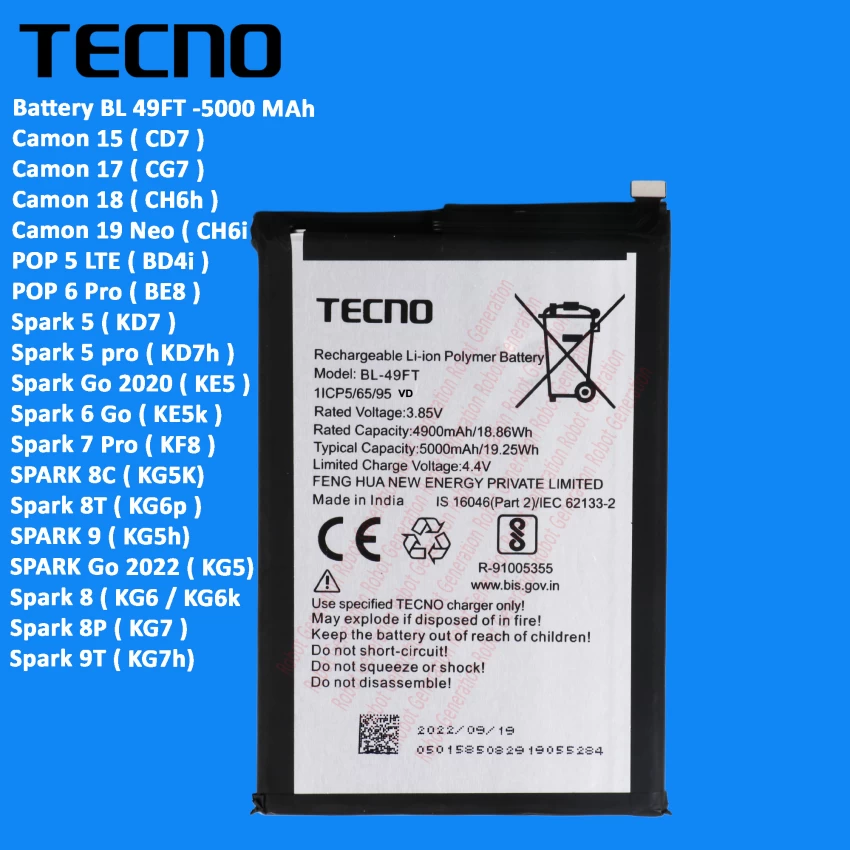 BL-49FT 5 Original Tecno Spark 9 (KG5p) Battery BL-49FT – 5000mAh - Image 1